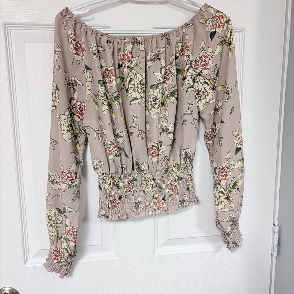 Floral Off-Shoulder Long-Sleeve Smocked Waist Top - Taupe
